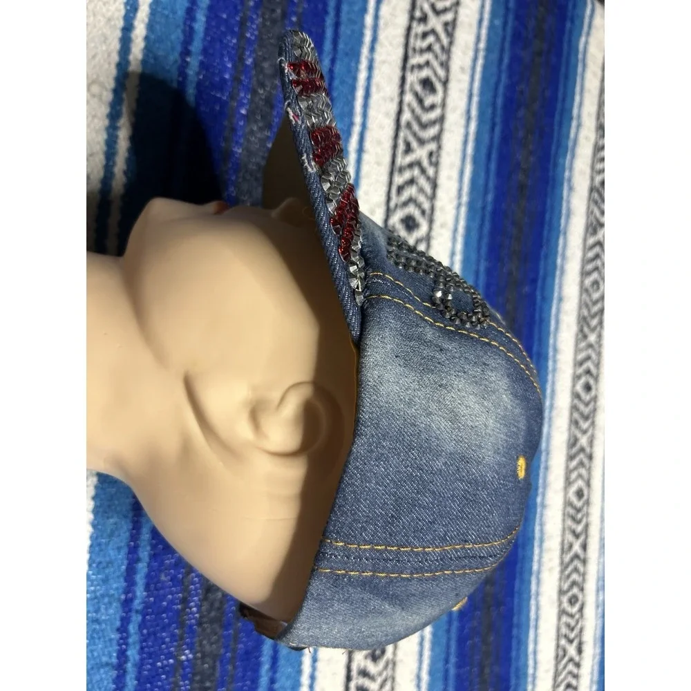 Womens Denim Donald Trump Hat Cap Flag Rhinestones MAGA Distressed Style